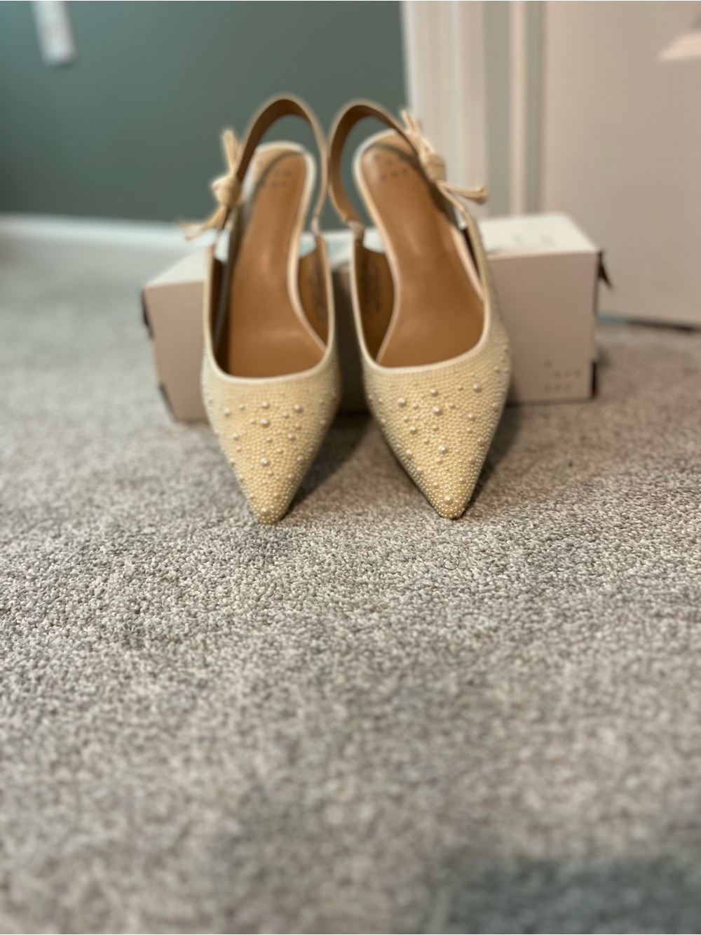 a new day Cream Pearl-Embellished Pointed Slingback Mules